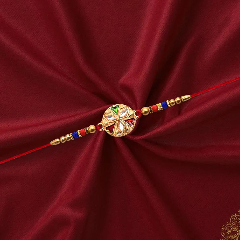 Designer Floral Rakhi With Mirror Work Colourful Beads On Red Thread