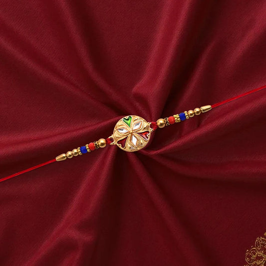 Designer Floral Rakhi With Mirror Work Colourful Beads On Red Thread