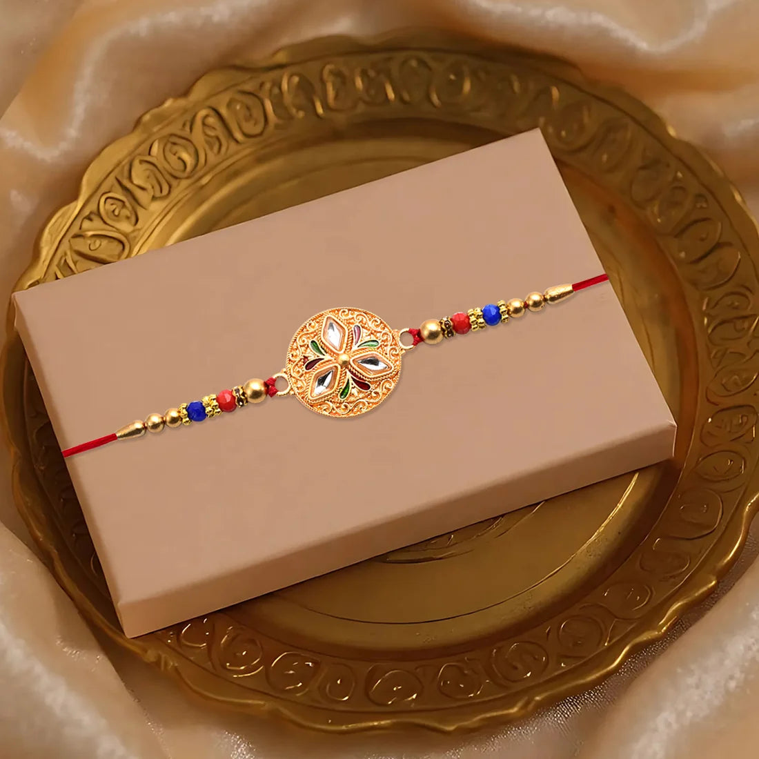 Elegant Meenakari Floral Rakhi With Colorful Beads Golden Detailing