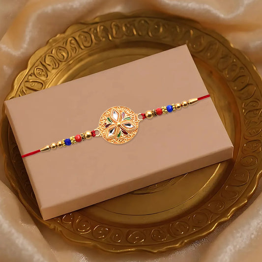 Elegant Meenakari Floral Rakhi With Colorful Beads Golden Detailing