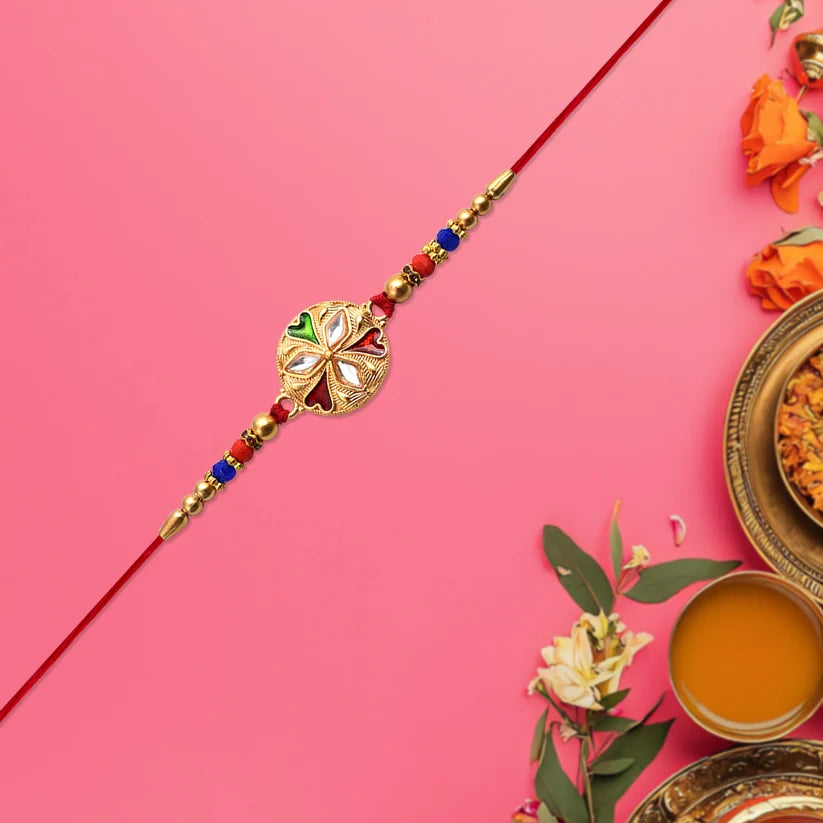 Designer Floral Rakhi With Mirror Work Colourful Beads On Red Thread