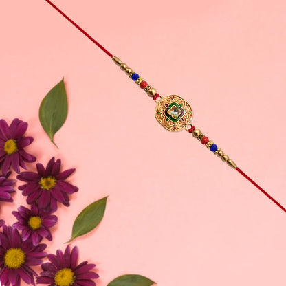 Traditional Kundan Rakhi With Antique Gold Finish Multicolor Beads