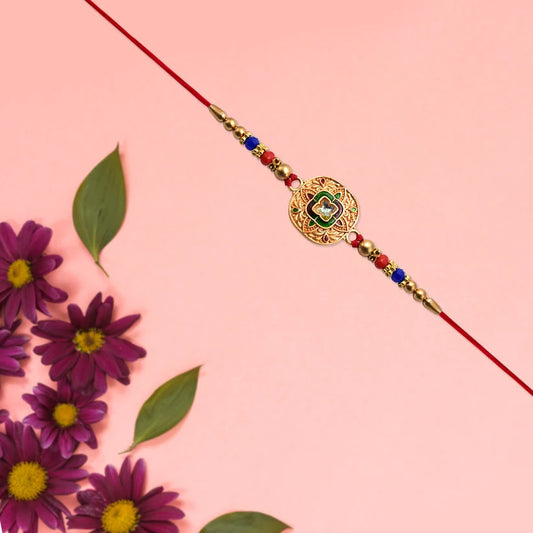 Traditional Kundan Rakhi With Antique Gold Finish Multicolor Beads