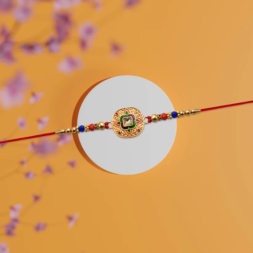 Traditional Kundan Rakhi With Antique Gold Finish Multicolor Beads