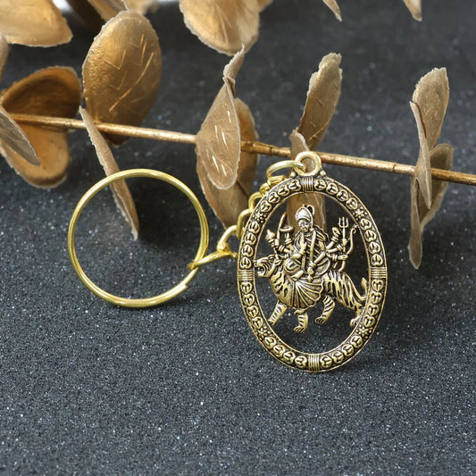 Maa Durga Golden Oval Frame Keychain