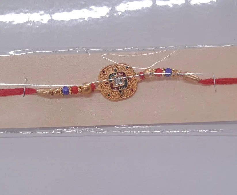 Traditional Kundan Rakhi With Antique Gold Finish Multicolor Beads