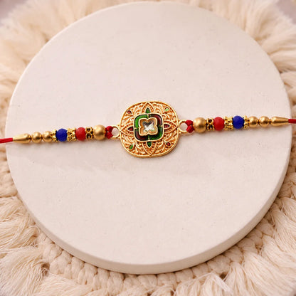Traditional Kundan Rakhi With Antique Gold Finish Multicolor Beads