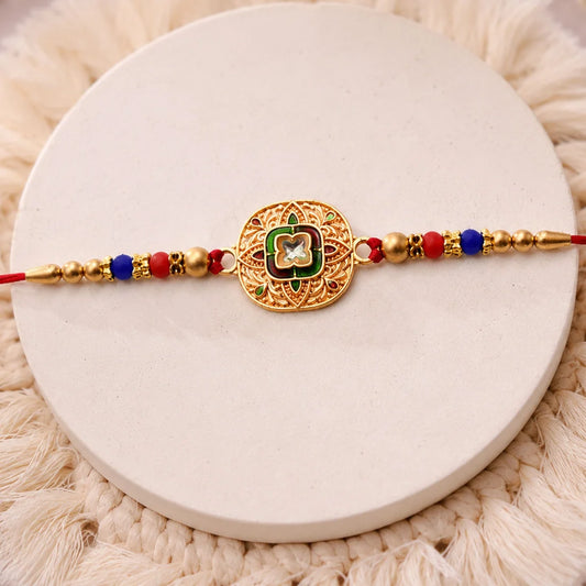 Traditional Kundan Rakhi With Antique Gold Finish Multicolor Beads