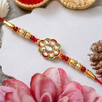 Kundan Work Floral Rakhi With Red Thread