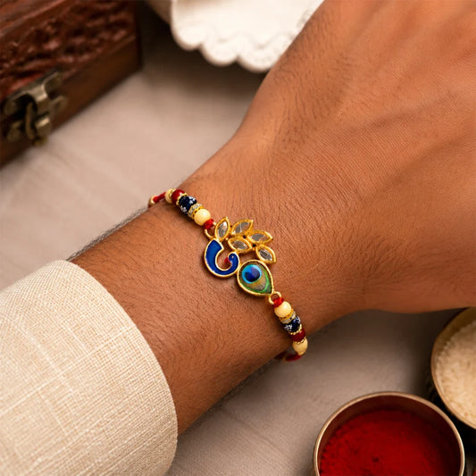 Artistic Mor Pankh Rakhi With Colorful Enamel And Traditional Thread