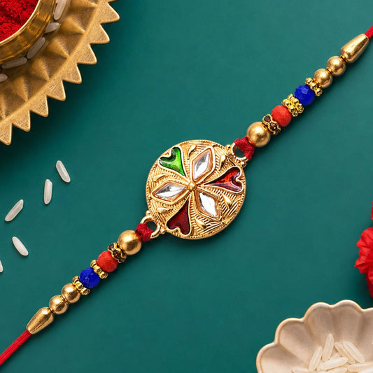 Designer Floral Rakhi With Mirror Work Colourful Beads On Red Thread